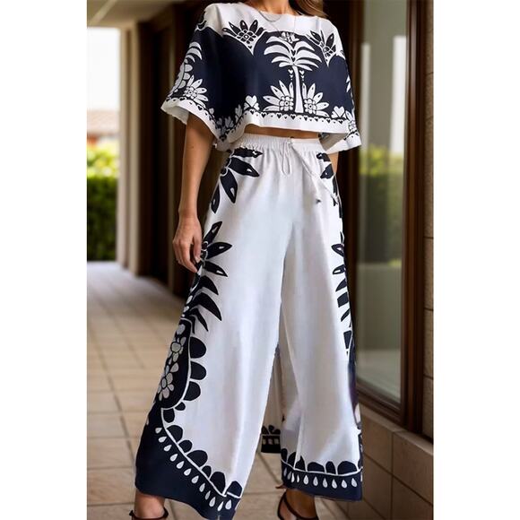 So Lovrie Pants - Printed Half Sleeve Top and Wide Leg Pants Set